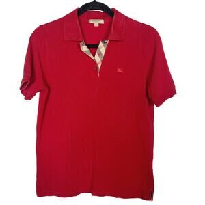 Burberry London Womens Small S Red Cotton Short Sleeve Polo Shirt Pique Nova